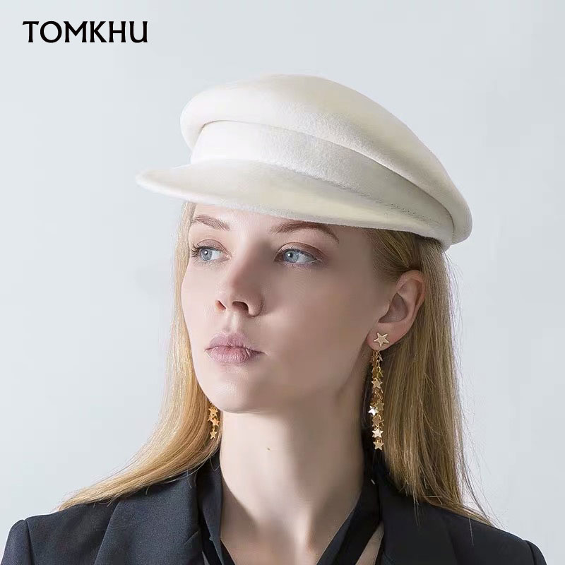 

New Winter 100% Wool White Black Fedora Hat Warm Hat For Women Visor Beret Newsboy Ladies Felt Sombrero Mujer Cap