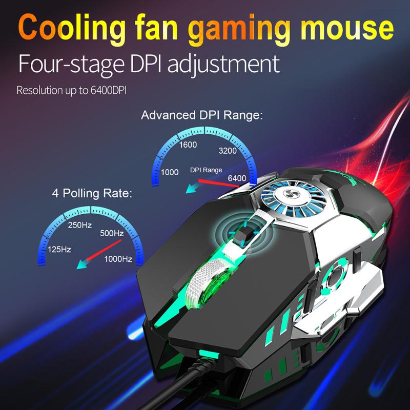 

Gaming Mouse with Cooling Fan 6 Buttons 1000-1600-6400 DPI USB Wired Optical Mice for Windows XP/VISTA/7/8/10 MacOS Android TV