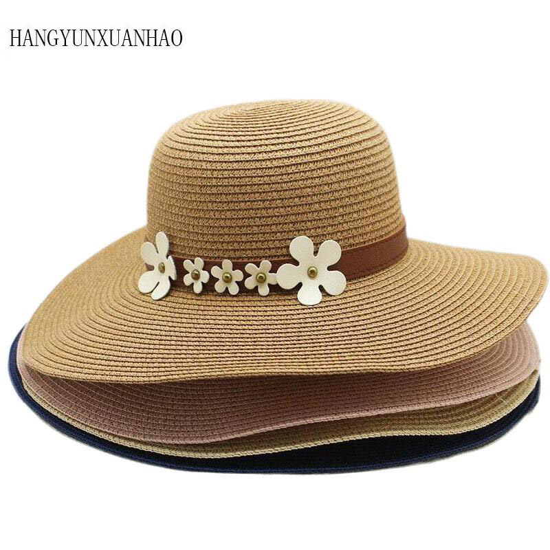 

Hot Sale Round Top Raffia Wide Brim Straw Hats Summer Snapback Sun Hats for Women With Leisure Beach Panama Flat Gorras, Khaki