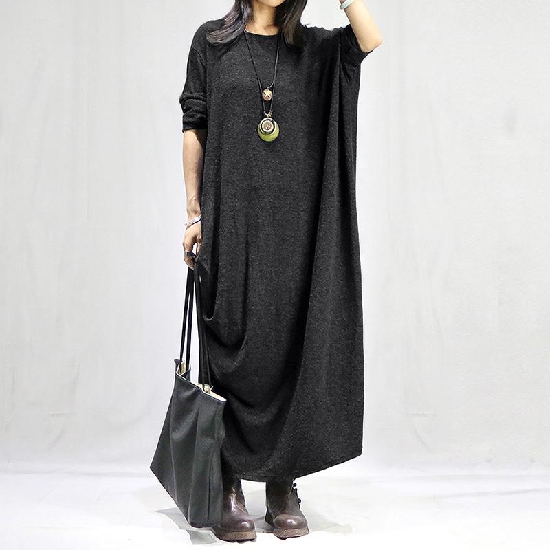 

Plus Size Womens Irregular Dress ZANZEA Kaftan Maxi Sundress Autumn Long Sleeve Tunic Vestidos Female Solid Baggy Robe Femme, Black
