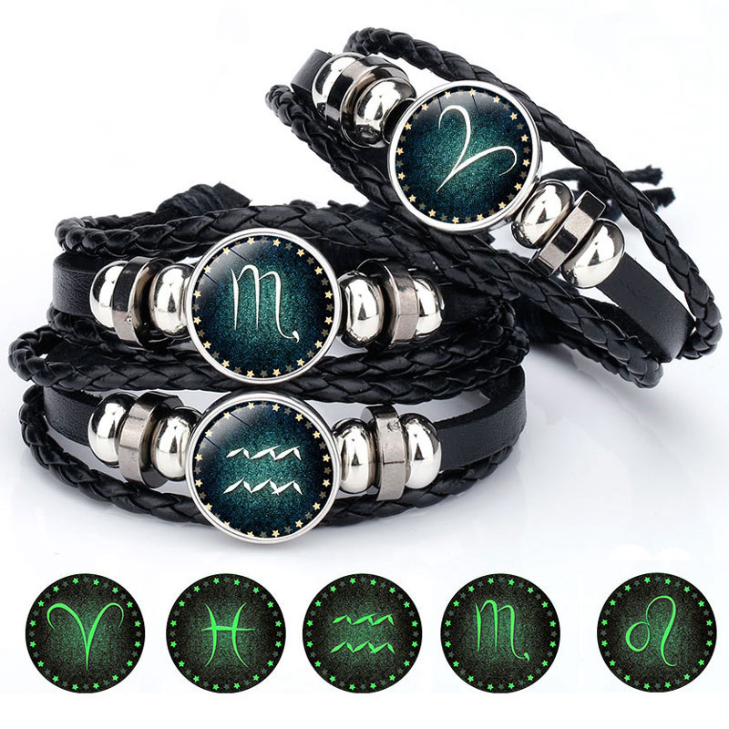 

12 Constellation Luminous Bracelet Charm Men Leather Bracelet Charm Bracelets for Men Boys Women Girl Jewelry Accessories 2020