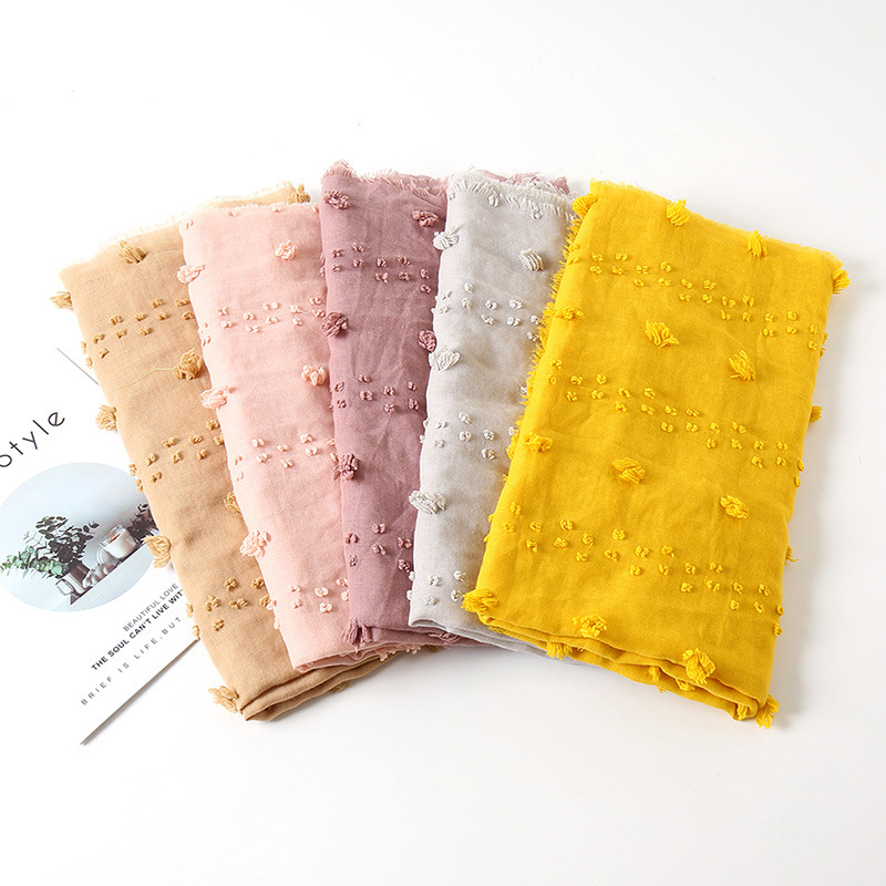 

Autumn And Winter New Scarf Shawl Muslim Hijab Cotton Plain Color Pom Poms Jacquard Ball Turban style Headwrap Female Headscarf