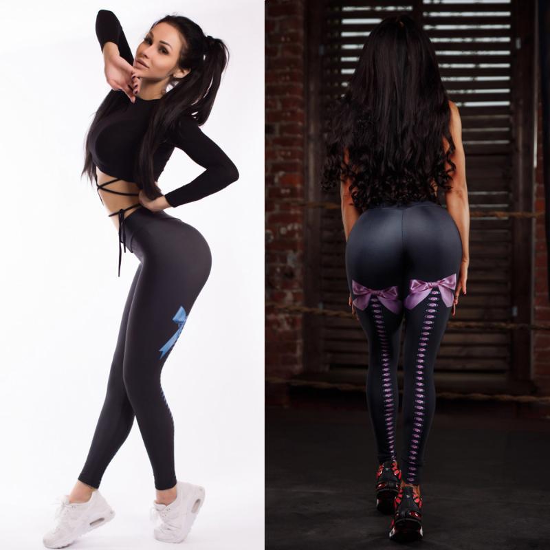 

New bow digital printing running fitness pants hip lifting elastic high waist Yoga Pants sexy Leggings, 5009-blue