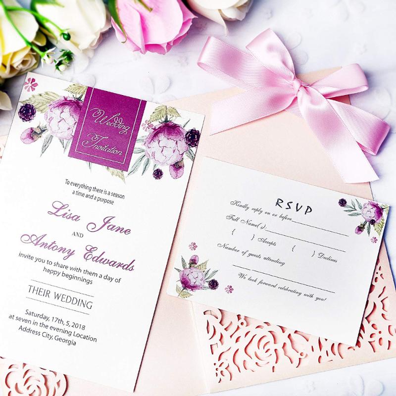 

PONATIA 20 PCS Laser Cut 5*7 Invitations Card With Ribbon For Wedding Bridal Shower Engagement Birthday (Blush Pink