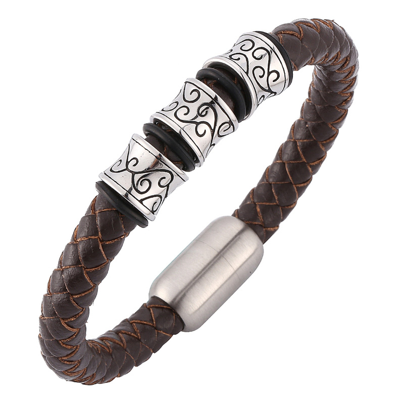 

Men Jewelry Bracelet Vintage Brown Braided Leather Bracelet Retro Hand Chain Stainless Steel Magnetic Clasp Bangle C0159