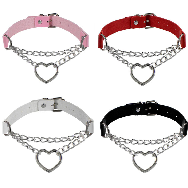 

Women Hiphop cute cosplay Maid Collar Punk Gothic Leather Choker Metal Chain Harajuku Adjustable Heart Necklace Fashion JewelrC