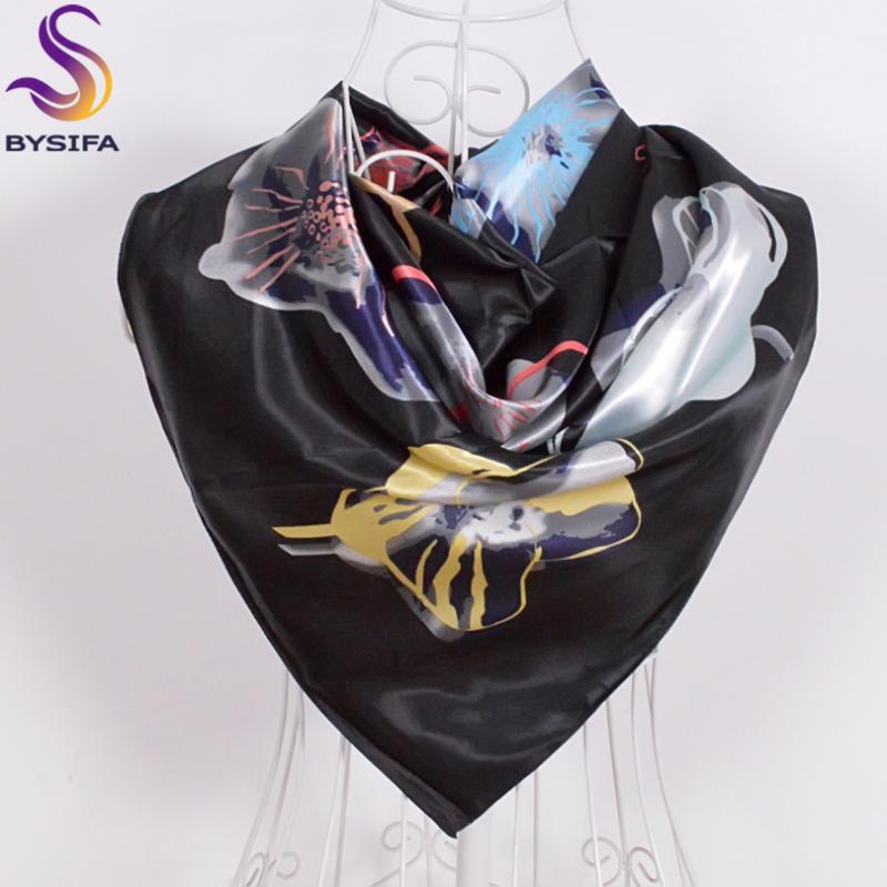 

BYSIFA]Women Men Black Silk Scarf Shawl New Design Spring Autumn Accessories Ladies Flowers Satin Scarves Wraps 90x90cm