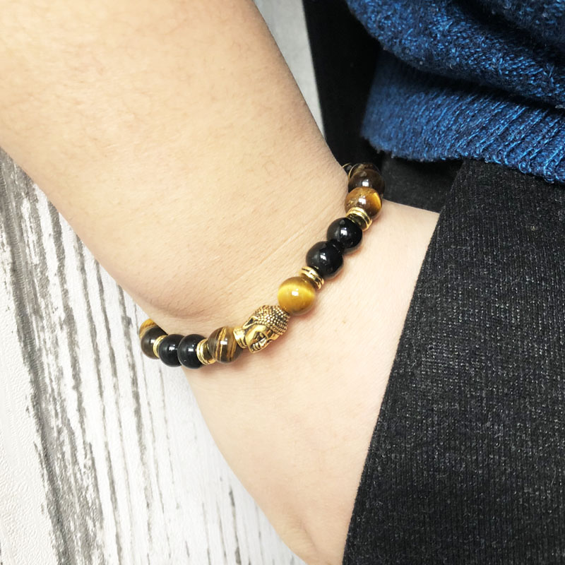 

8 mm Gold Buddha Head Beaded Mens Bracelet Black Onyx & Tiger Eye Natural Stone Mala Jewelry Man Buddha bracelet