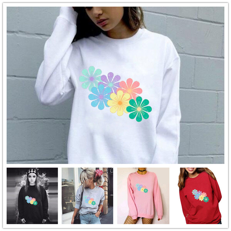 

Women Hoodie Colorful Petal Printed Hoodies Women Fleece Long Sleeve O Neck Loose Sweatshirt Girls Pullovers Autumn Winter, Black