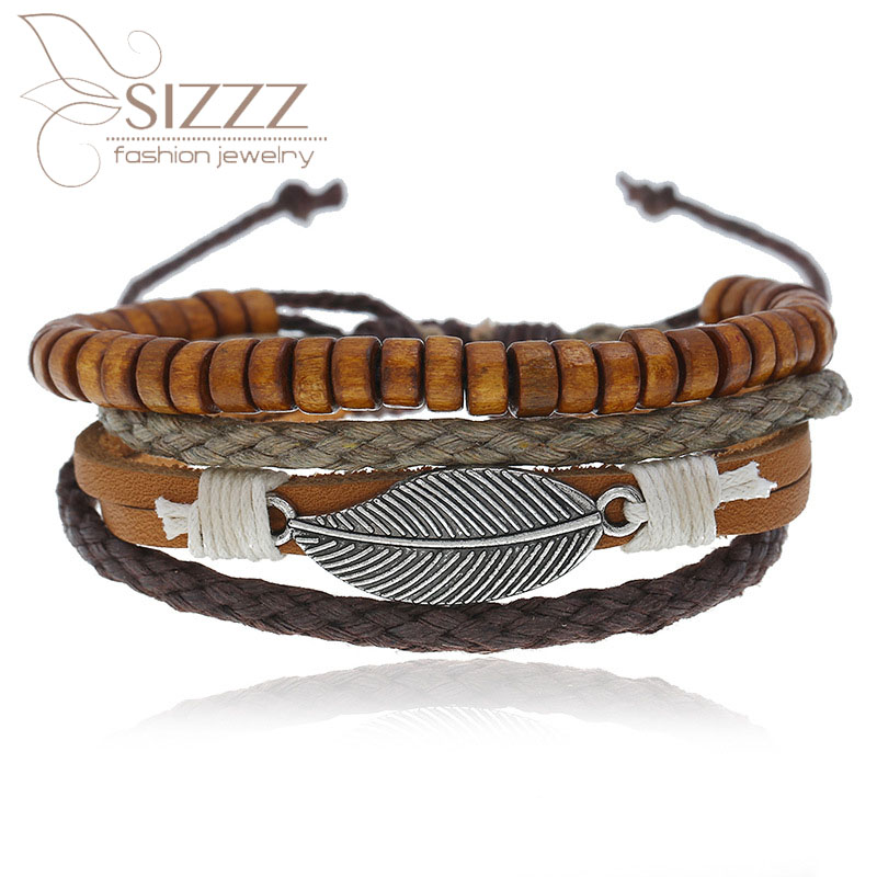 

Charm Bracelets SIZZZ 2021 Wooden Beads Jewelry Rope Multi-hand Woven Leather Bracelet&bangles For Women/men