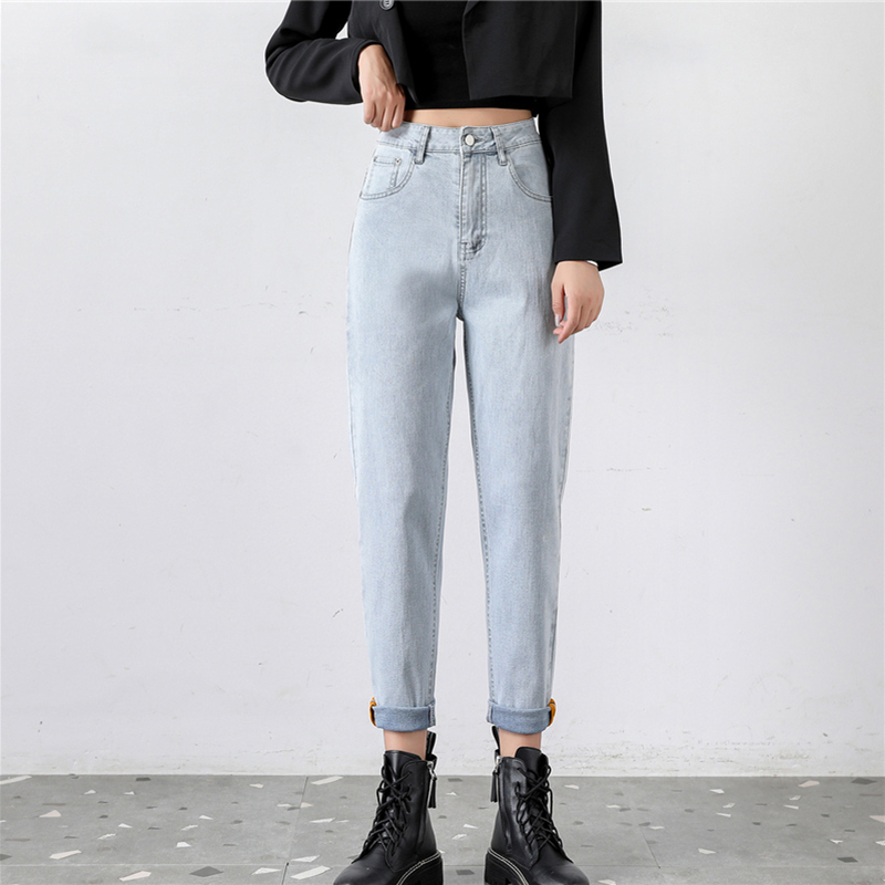 

2020 Women Stretch Waist Retro Denim Jeans Lady Cotton Students Plus Size 4XL Cargo Haerm Pants Girls Autumn Slim Fit Trousers, Sky blue