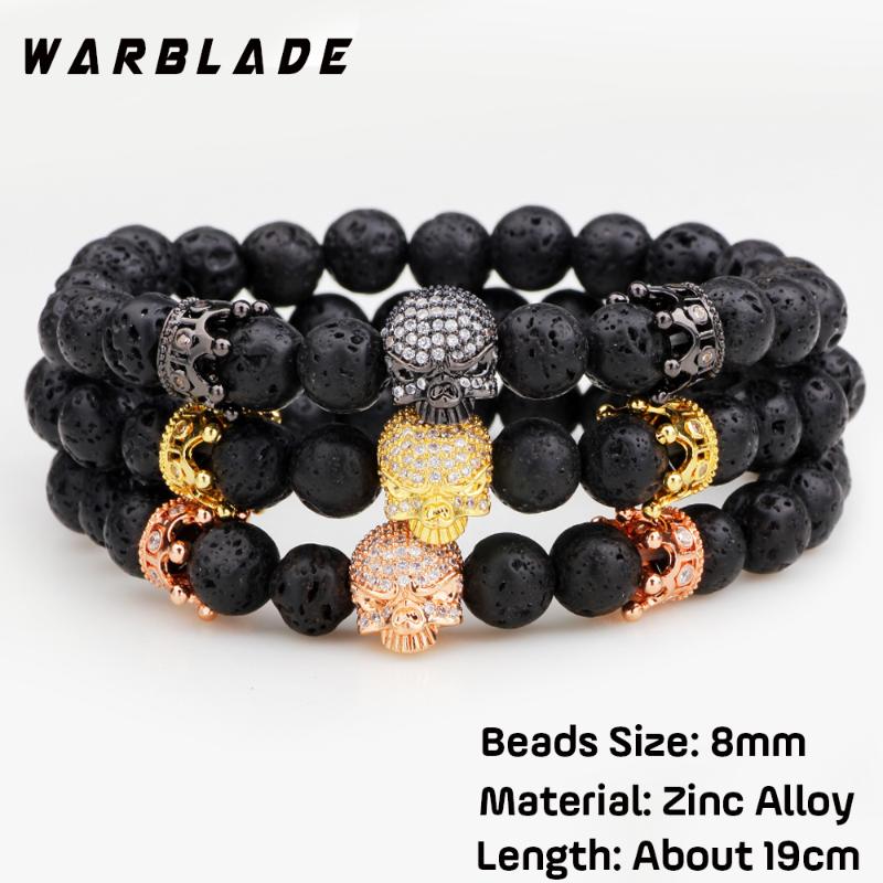 

WarBLade Natural Stone Beads Bracelet Micro Pave CZ Gold Skeleton Skull Black Lava Rock Stone Energy Buddha Men Women Jewelry