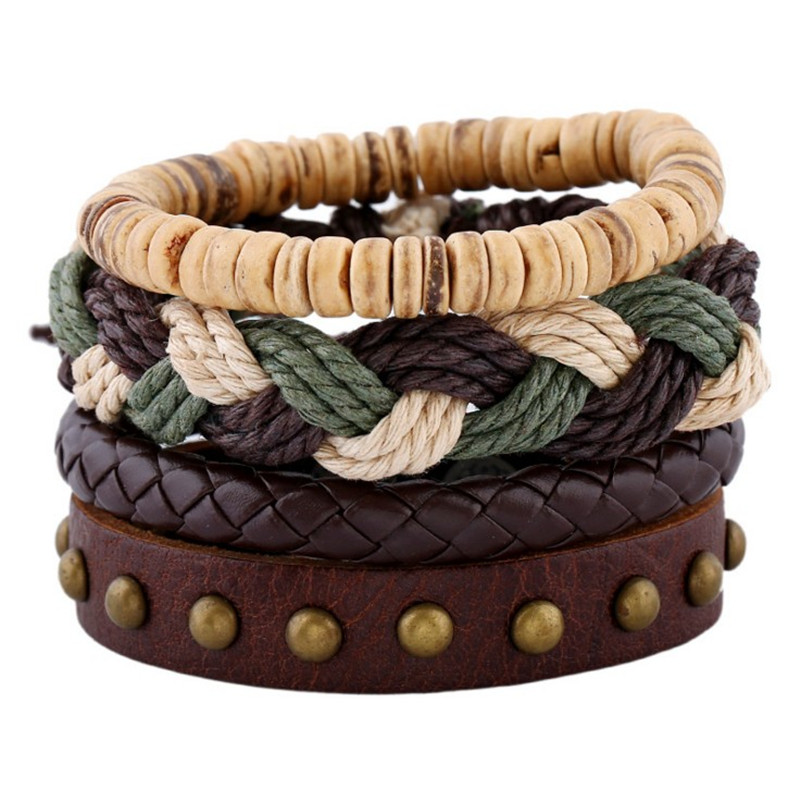 

4pcs/set Boho Brown Leather beige green cord knot coconut Wood Beads Layers Copper Rivet charm Bracelet Bangles Unisex Jewelry