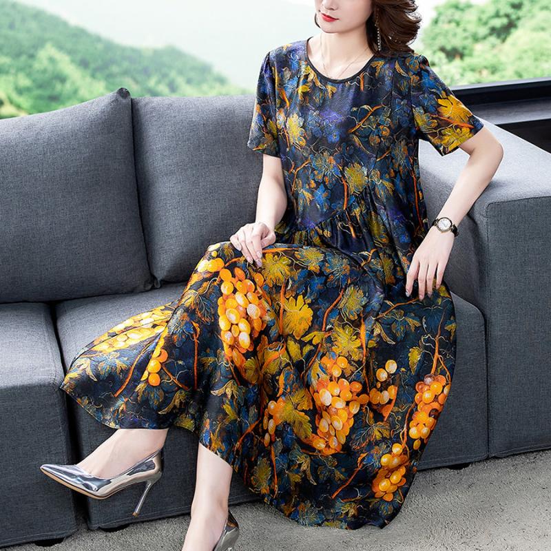 

2020 Vintage Yellow Floral Mulberry Silk Midi Dress Summer Fashion Plus Size Runway Dresses Elegant Women Bodycon Party Vestidos, Mixed
