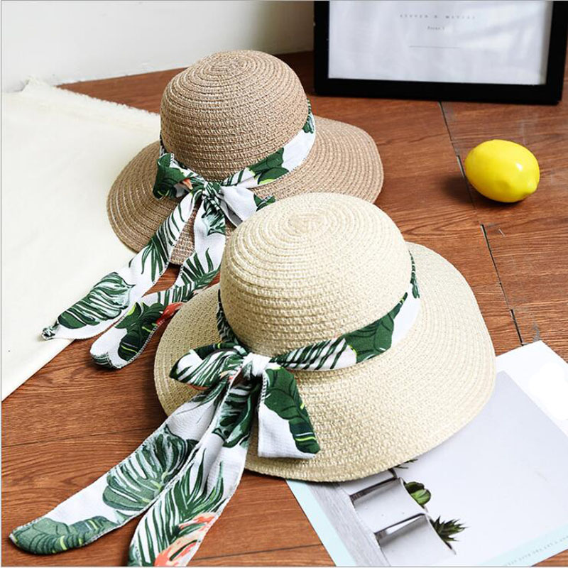 

2020 New Women Straw Sun Hat Summer Soft Chiffon Ribbon Bowknot Straw Hat Casual Female Wide Brim Foldable Holiday Beach, Beige