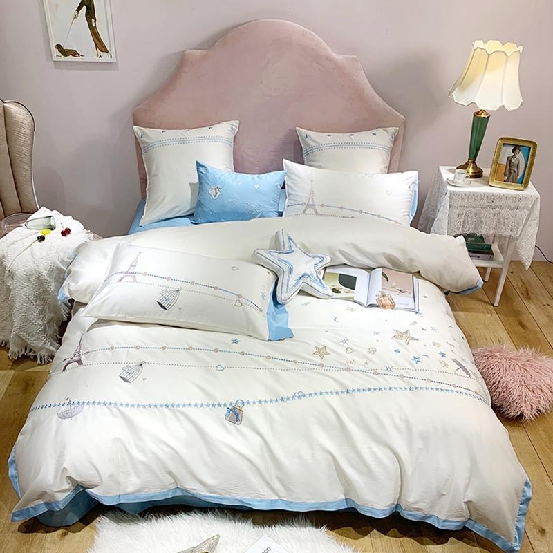 

White Blue Embroidery Egyptian Cotton Bedding Set Luxury Duvet Cover Bed Sheet Fitted sheet Pillowcases King Queen size 4/7pcs, Bedding set 3