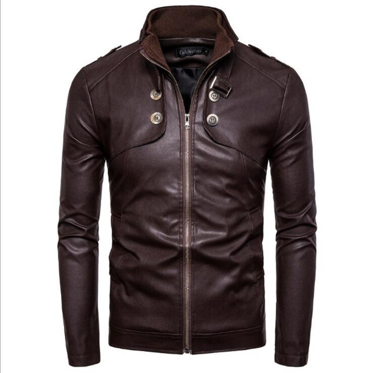 

2020 autumn and winter new men's button decoration locomotive stand collar washed leather jacket men, Brown