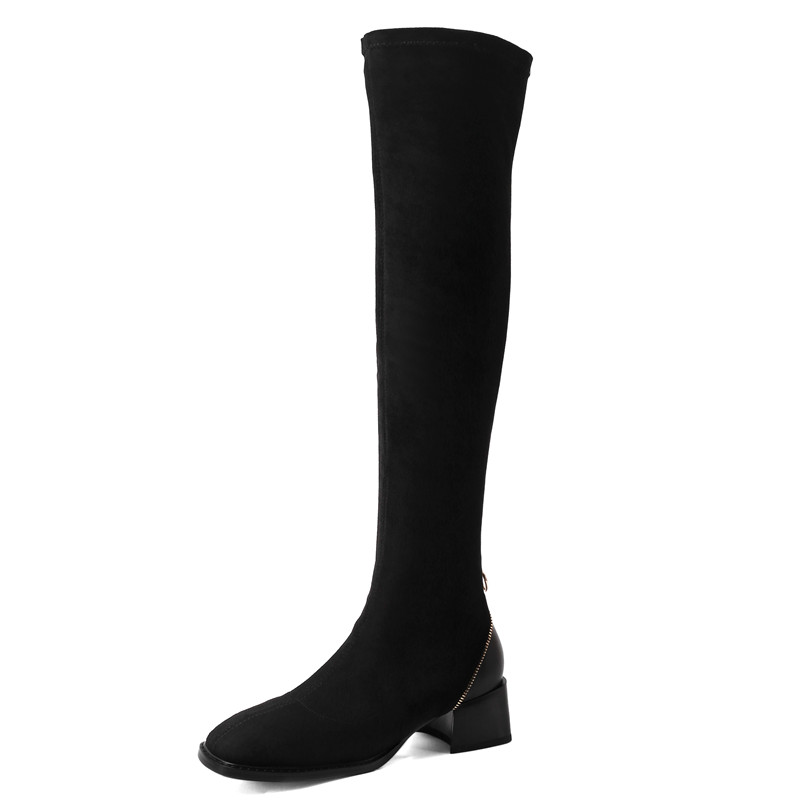 

2020 Winter Warm Stretch Over The Knee Boots Fashion Women Pointed Toe Knight Boots Genuine Leather Metal Decoration Zip, Black