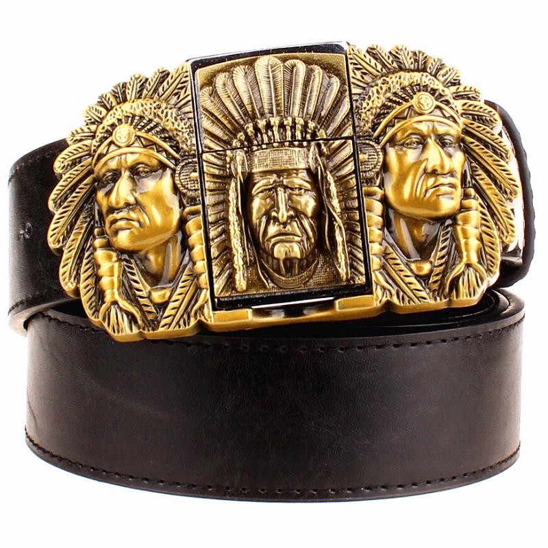 

Fashion male leather belt lighter metal buckle belts Kerosene lighter belt punk rock style indians eagle show gift for men, Black