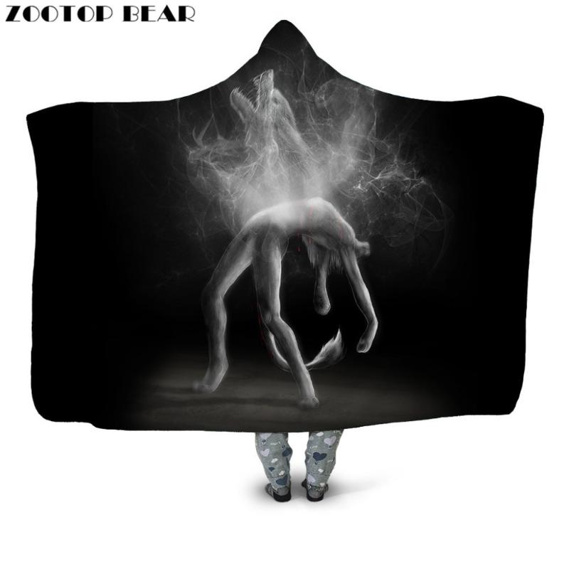 

Black Wolf Anime 3D Print Throw Hooded Blanket Casual Head Animal Kids Fashion Wearable Bedding Soft Office Adults Travel Picnic
