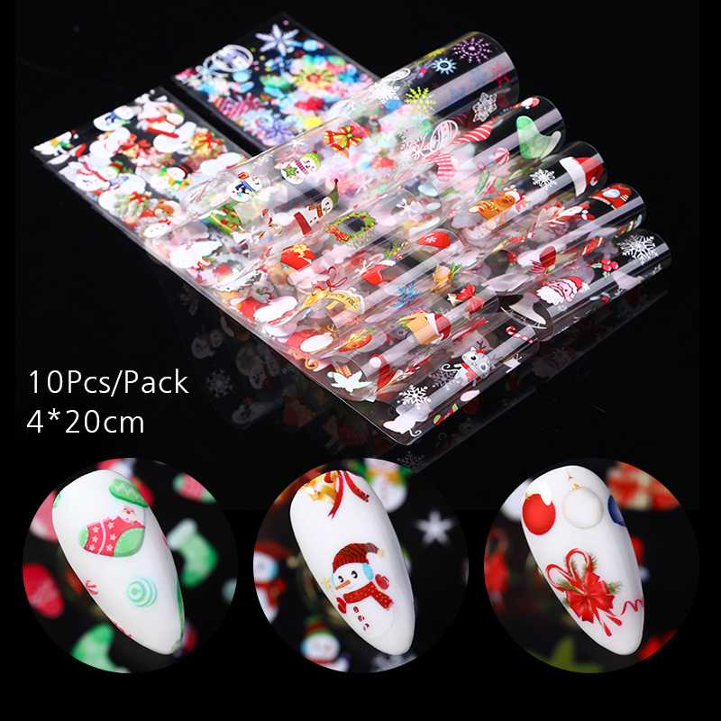 

10 Pcs/Set White Snowflake Christmas Nails Art Transfer Foil Mixed Winter Designs Adhesive Nail Stickers Foil Decor Accessory, 10pcs-6