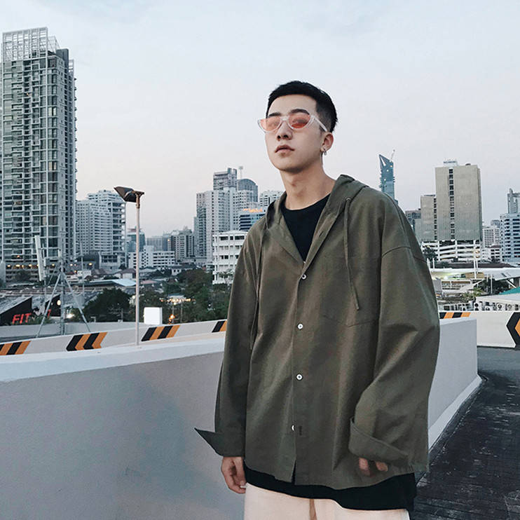 

Fall new long-sleeved shirts, male and Korean version of loose couple shirts, Hanfan jacket, pure color, show thin student tide, Black