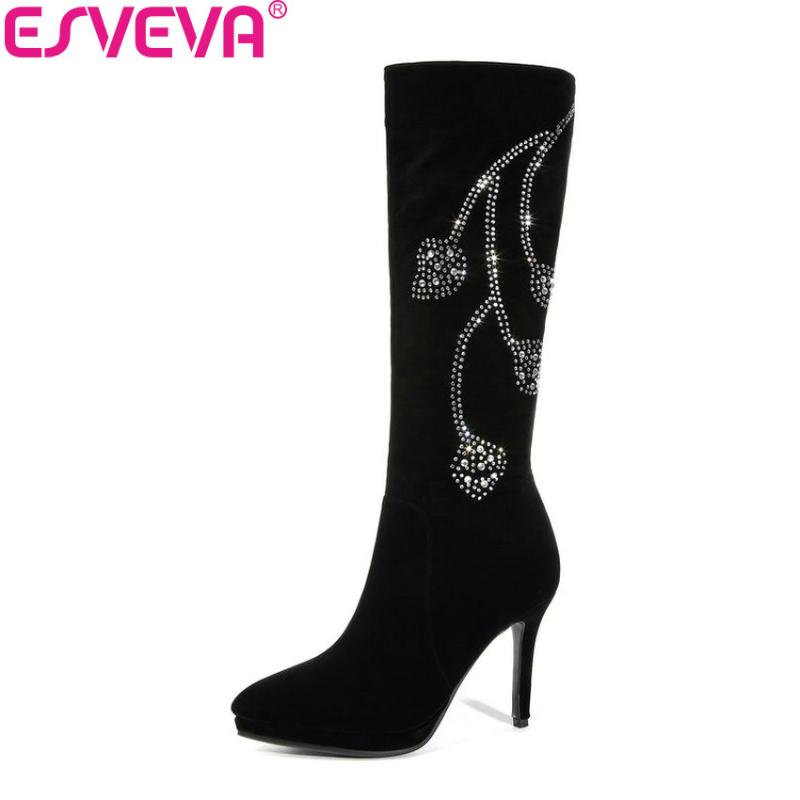 

ESVEVA 2020 Women Boots Crystal Platform Thin High Heels Zip Winter Shoes Elegant Shoes Pointed Toe Woman Knee-high Boots 34-43, Black