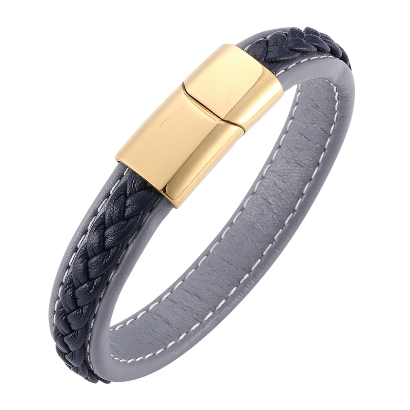 

Charm Bracelets Fashion Men Accessories Gray Blue Leather Hand Bracelet Gold Stainless Steel Magnetic Clasp Punk Male Wristband SP0213