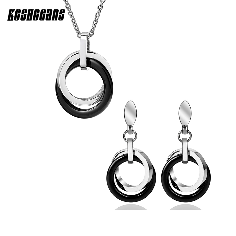 

Double Circle Necklace & Earrings Set Black Ceramic Fashion Jewelry Sets For Women Drop Earrings & Pendant Necklace Party Gifts, As pic