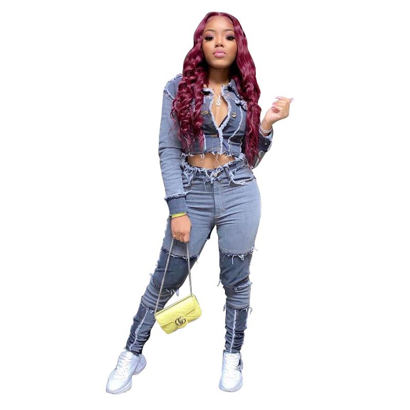 

Cutubly Patchwork Jackets Jeans Women Denim Pants Suit Tracksuit Two Piece Matching Set 2020 Fashion Fitness Outfits, Blue