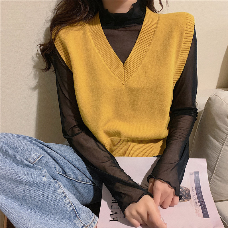 

V neck Sweater Vest Spring Autumn Sleeveless Knit Pullover Sweater Korean Vintage Black White Beige Yellow Green Pink Vest