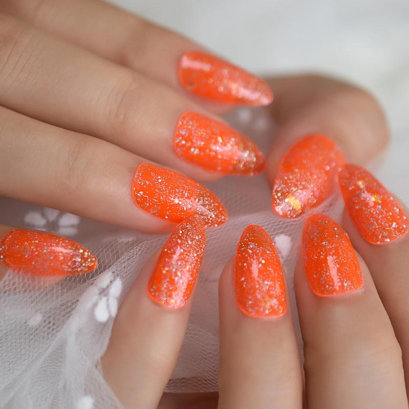 

Holo Laser Silver Glitter Orange Neon Color False Fake Nails Stiletto Press on Full Cover Finger Daily Wear 24pcs UV Nail Tip, L5134