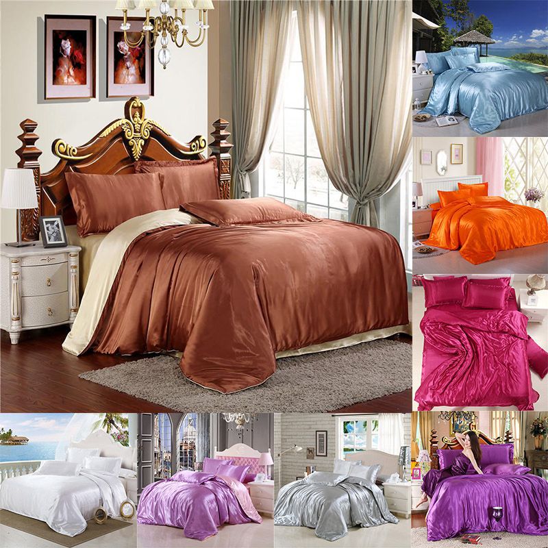 

4pc Satin Silk Bedding Set Luxury  King Size Bed Set Soft Comforter Quilt Duvet Cover Linens with Pillowcases and Bed Sheet, White