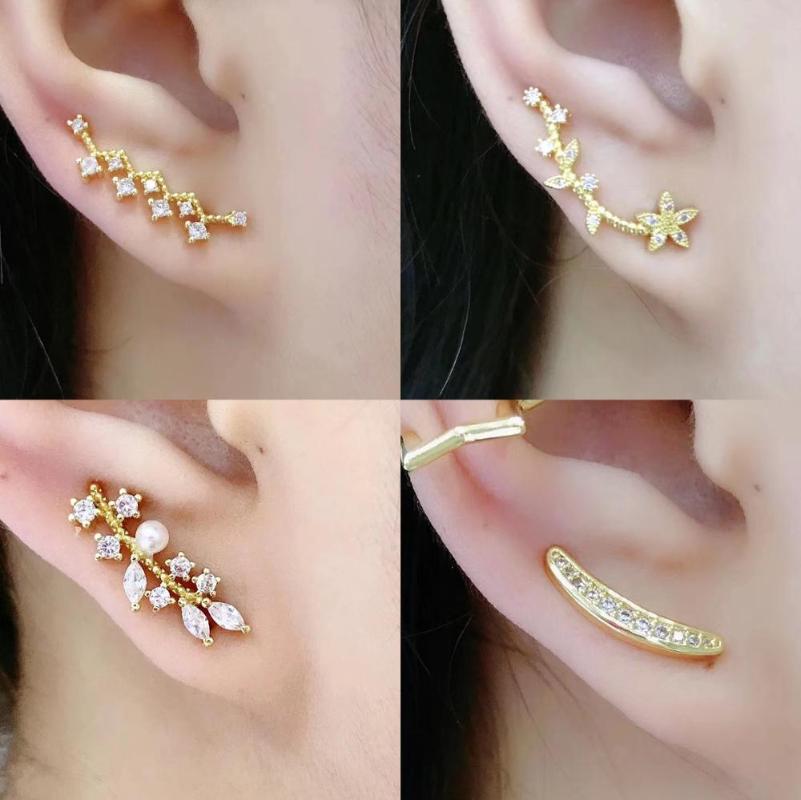 

HECHENG Stud earrings wholesale for women cz leaf flower pearl earrings gold color copper gift accessories jewerly