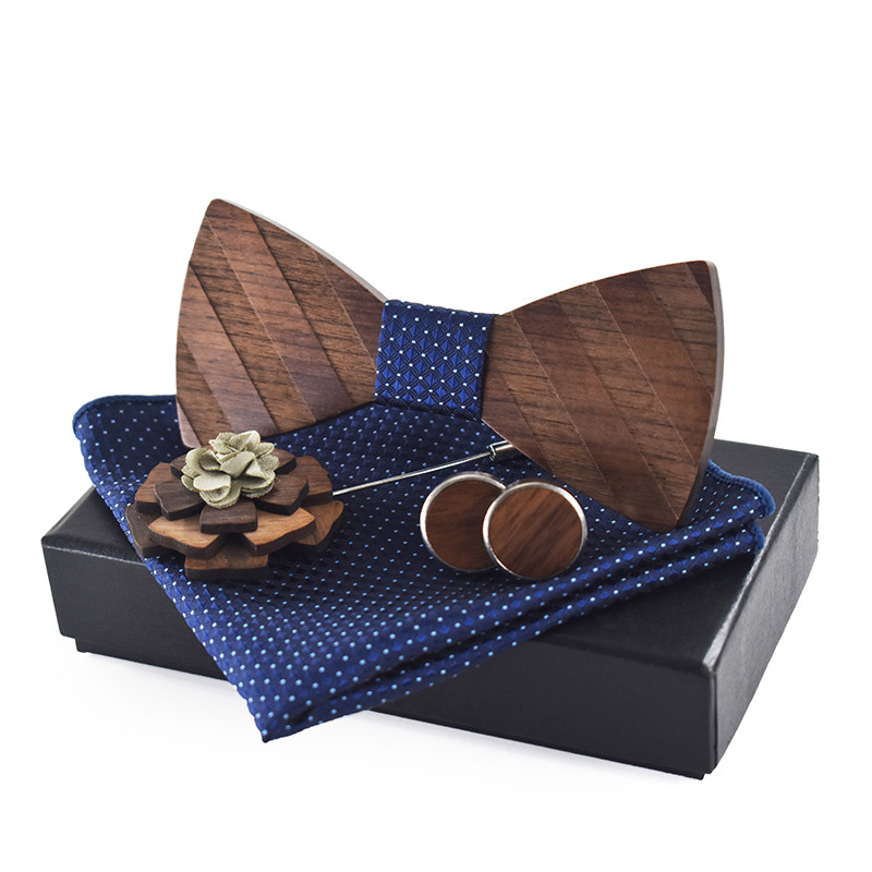 

Linbaiway Claasic Wooden Bow Tie Set for Mens Wood Bowtie+Handkerchief+Cufflinks+Brooch Sets for Men Wedding Gifts with Box