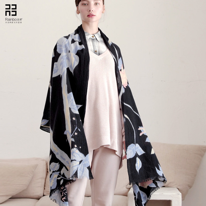 

Fluffy water-soluble printed pure wool scarf women spring autumn and winter black thin boiled shawl dual-use