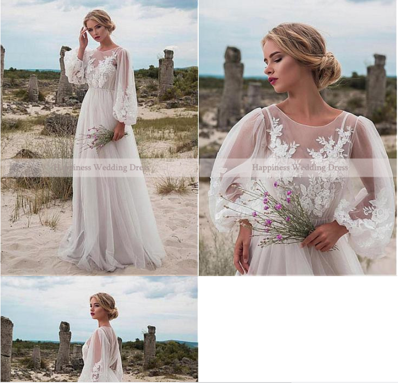 

Lantern sleeve Fairy Wedding Dresses Illusion O-Neck Ruffle Floor Length Appliques Bridal Dresses Robe De Mariee, Champagne