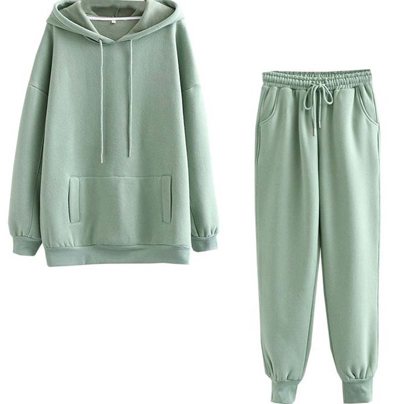 

New 2020 Autumn Winter Women Plus Velvet Cotton Suit 2 Pieces Sets Solid Color Casual Loose Hoodies Sweatshirt And Pants Suits, Army green