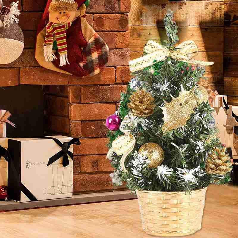 

Mini Christmas Tree With Pine Cones Balls Shining Small Pine Tree Xmas Party Desktop Ornaments Home Christmas Sence Decorations