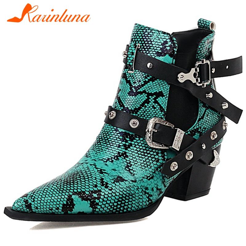 

KARIN Plus Size 34-50 Female Autumn Mixed Colors Boots Pointed Toe Thick High Heels Buckle Women Boots Ankle Women Shoes, White
