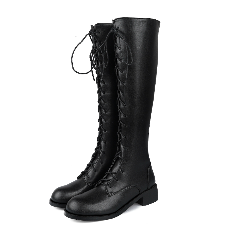 

Lace Up Knee High Boots Women Winter 2020 Low Heels Women's High Knee Boots Black White Long Shoes Lady Large Size 34-48