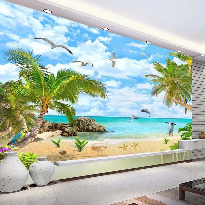 

Seascape Coconut Tree Sandy Beach 3D Photo Wallpaper For Living Room Bedroom Decor Waterproof Self-adhesive Sticker Wall Mural, As pic