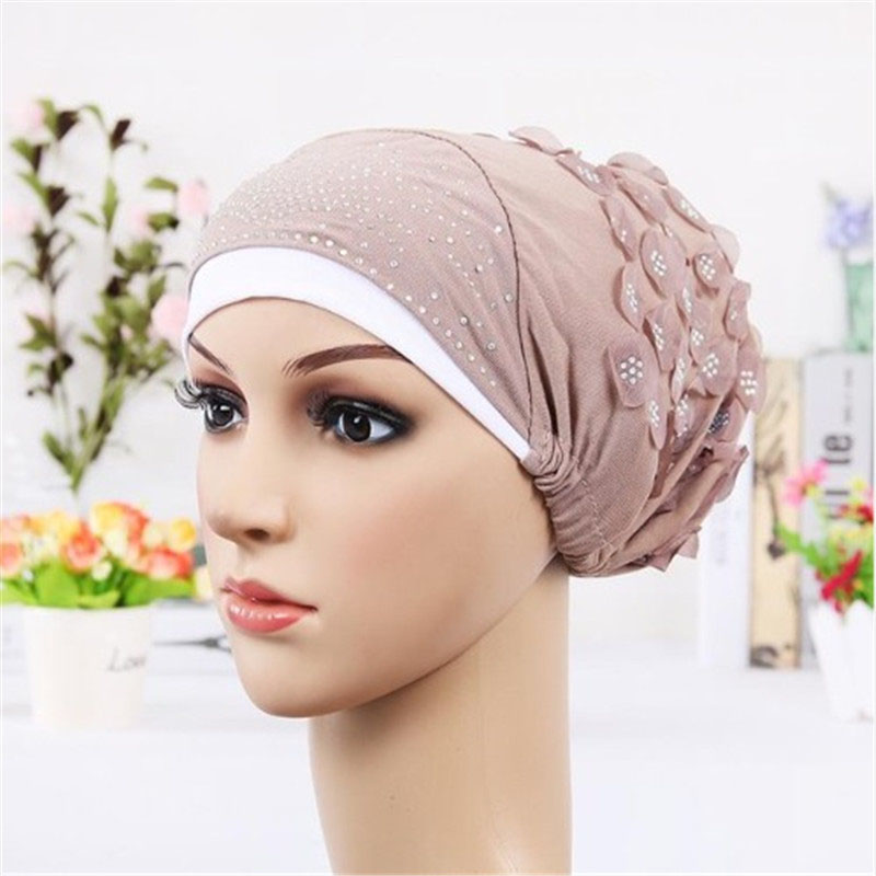 

Muslim Women Hats Autumn and Winter Warm Rhinestones Foral Elastic Turban Caps Female Chemo Hat Islamic Cotton Headscarf Hats, Black