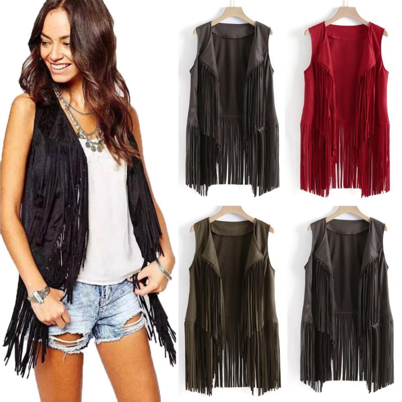 

Female deer velvet buckleless long vest vest Women Autumn Winter Suede Ethnic Sleeveless Tassels Fringed Cardigan, Black