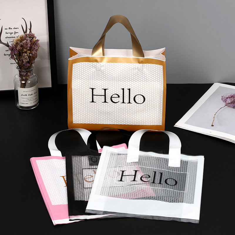 

10pcs 27x27x8cm ''Hello''Print Thick Plastic Shopping Handle Bags Clothing Packaging Pink Black Plastic Storag Bag With Handle