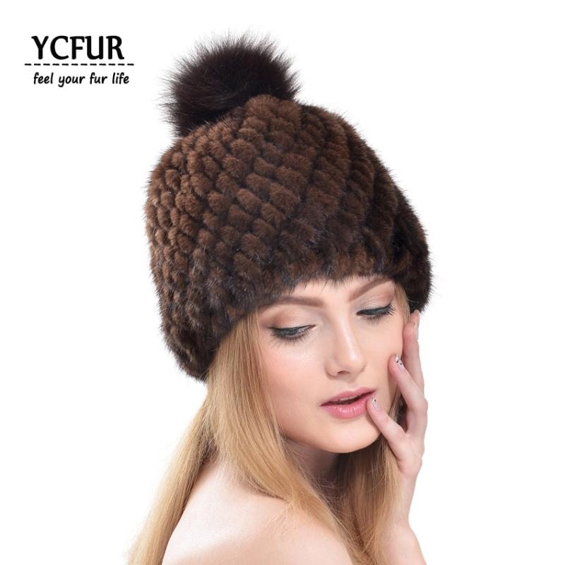 

YCFUR Winter Women Caps Hats Knit Strips Hats Beanies with Fur Pom Hat for Women Beanies Skullies Ladies, Black