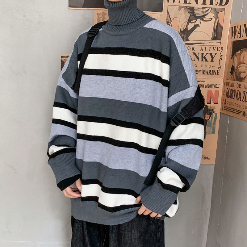 

Winter Striped Turtleneck Sweater Men's Warm Fashion Casual Knit Pullover Men Wild Loose Korean Knitting Sweaters Mens Clothes, Orange