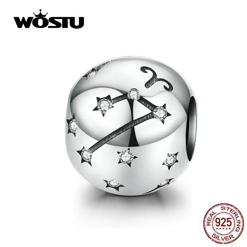 

WOSTU Aries Taurus Constellation Beads 925 Sterling Silver CZ Charm Fit Original DIY Bracelet Beads For Jewelry Making CQC1218-1