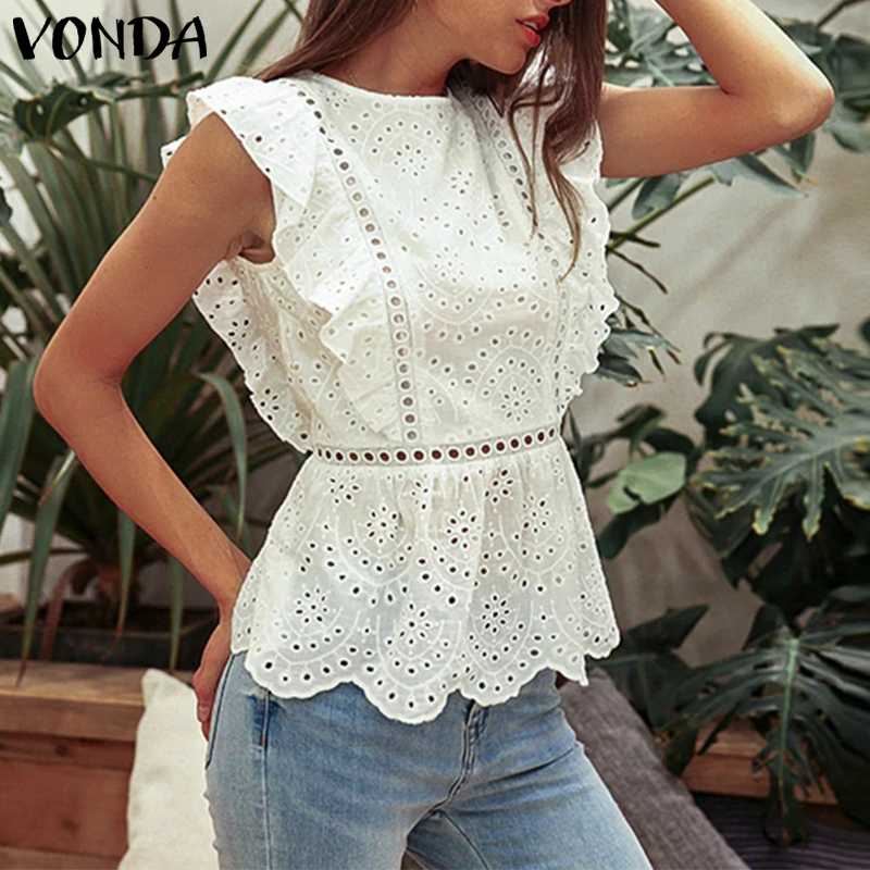 

VONDA 2020 Summer Tank Tops Casual Loose Sleeveless Hollow Out Blouses Bohemian Tunic Loose Beach Blusas Plus Size -5XL, White