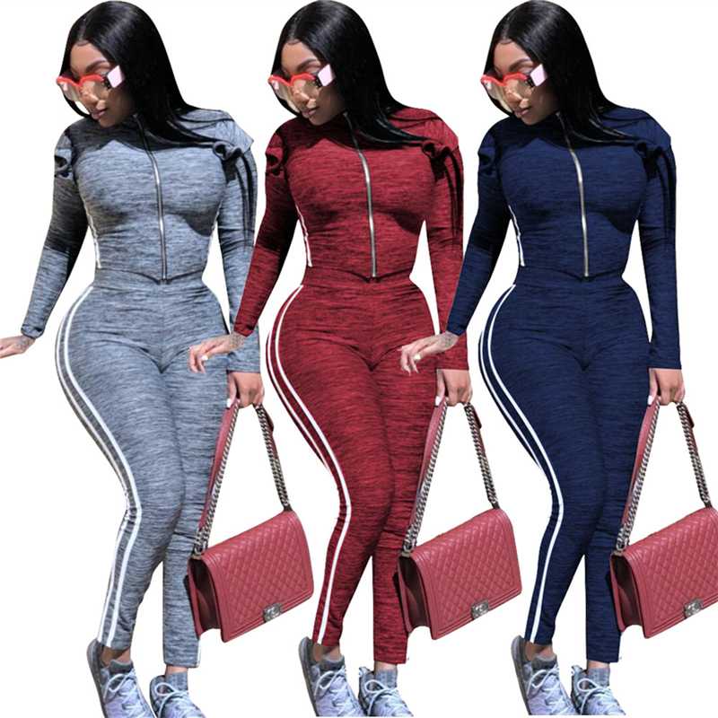 

Fashion Women Long Sleeve Trouser Suit Side Striped Tight Sports Set High Collar High Waist Outfits tracksuit
